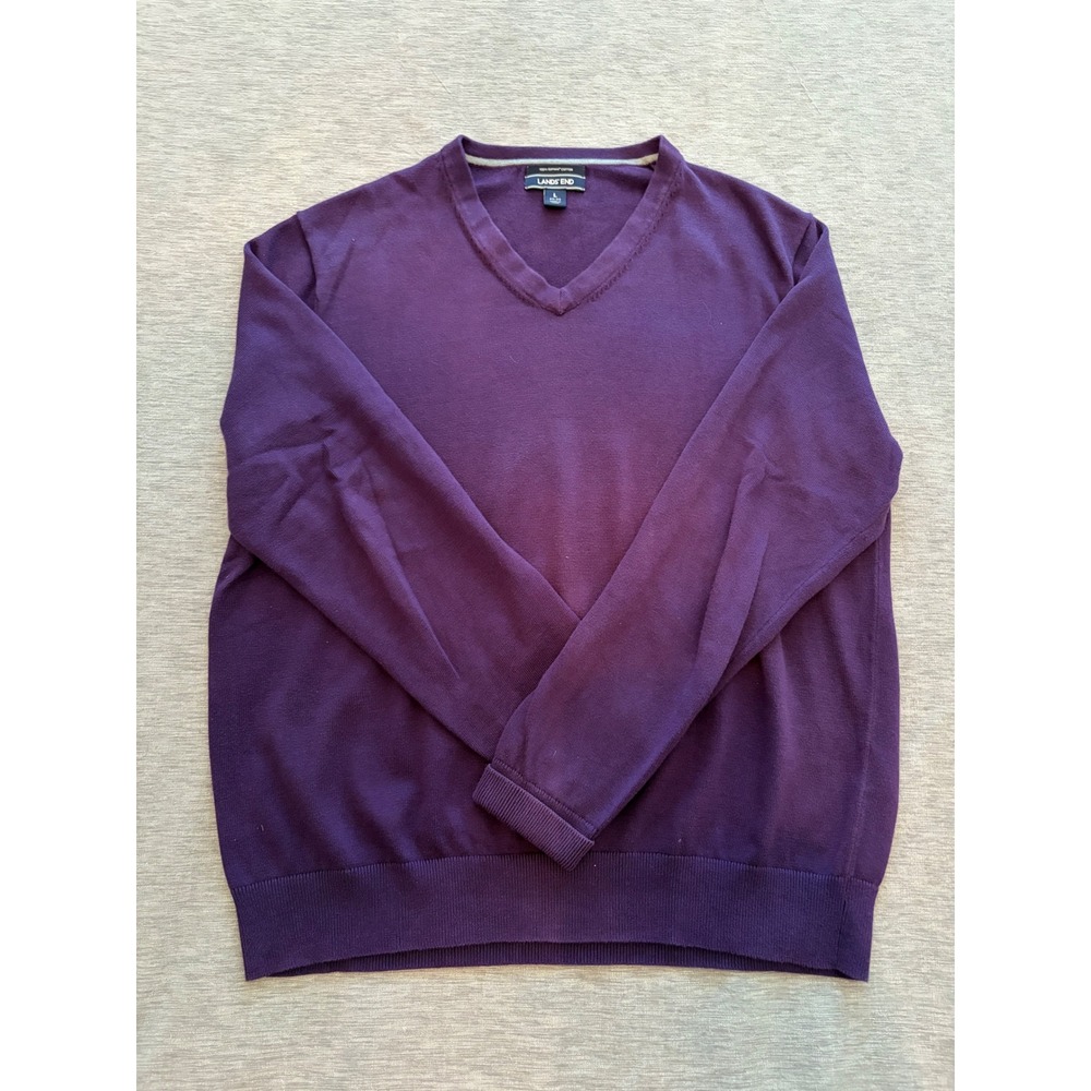 Lands' End Mens Purple 100% Supima Cotton V-Neck Sweater Size L 42-44 Pullover